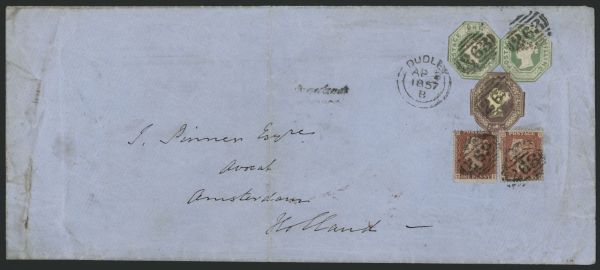 Envelope Dudley Worcs to Amsterdam bearing 2x SG54 1/- Green and SG59 6d Mauve