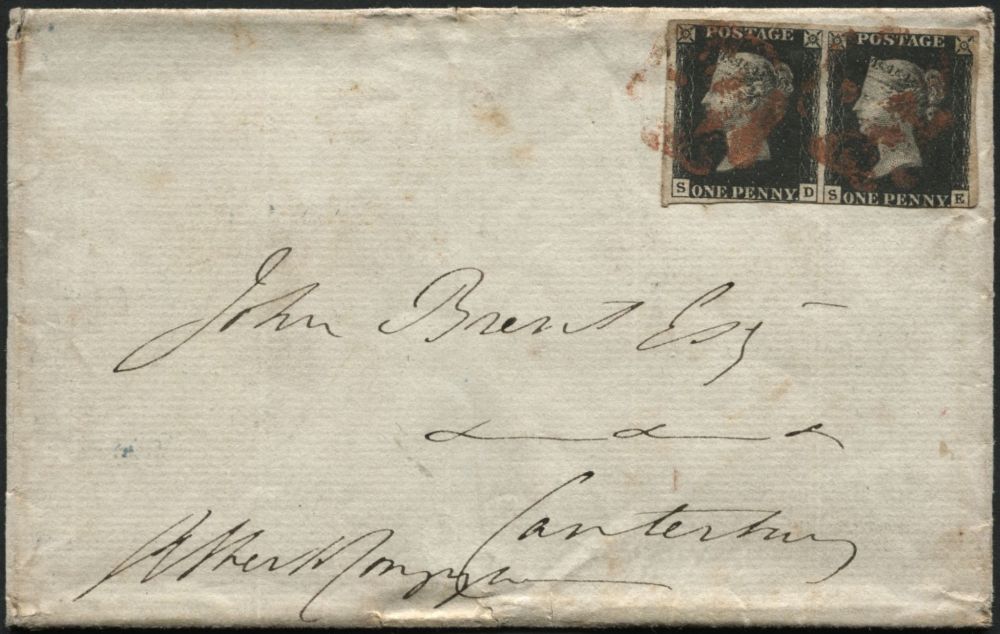 Envelope pair of 1d Black SD-SE 3-4 margin, Dorking to Canterbury 28.12.1840