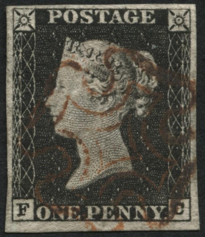 SG2 1d Black FC fine 4 margins, has Red-Brown cancel