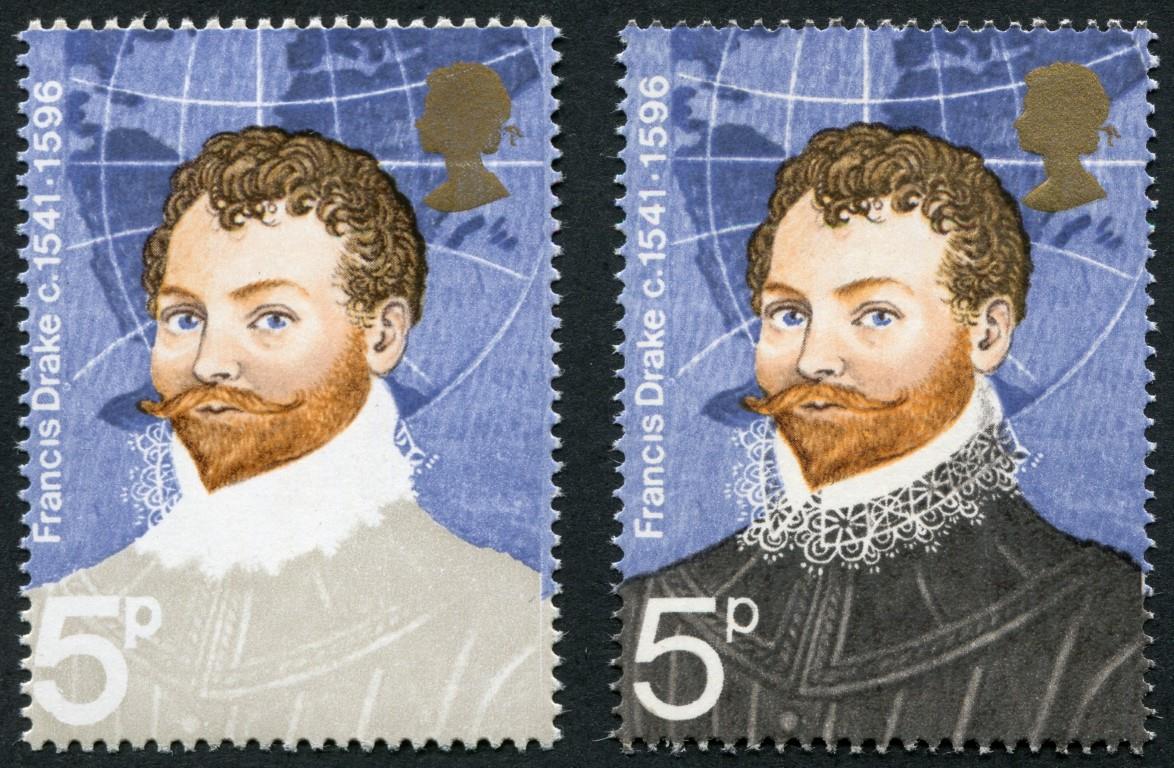 SG925b 1973 Francis Drake 5p Grey/Black omitted, with normal for comparison