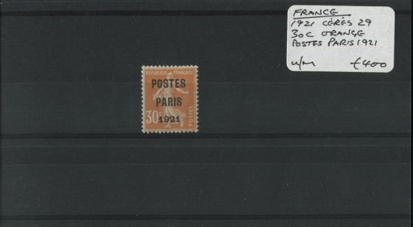 France 1921 Ceres 29 30c Orange Postes Paris 1921 U/M