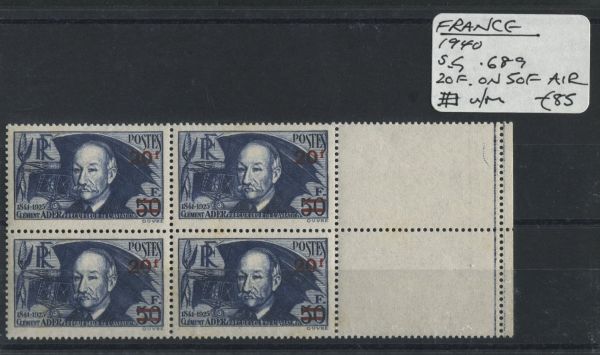 France 1940 SG.689 20f on 50f Air Block of 4, U/M