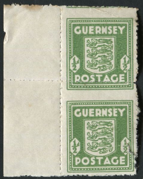 G1 Guernsey d Green vertical pair unmounted mint with 4mm rouletting jump in perfs