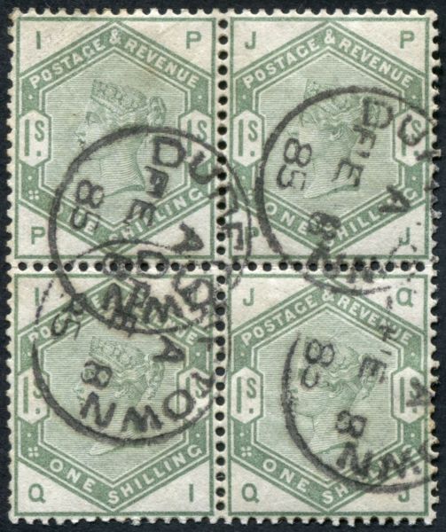 GB 1/- block of 4, superb used each with 1885 cds