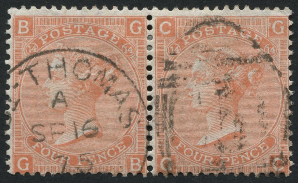 GB used in DANISH W.I. Z10 1865-73 4d Vermilion plate 14 GB-GC pair, F/U with ST THOMAS