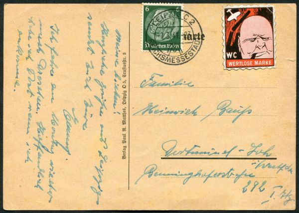 GERMAN PROPAGANDA 1940 (29th May) printed postcard featuring Churchill with broken battleship on his head with German 6pf stamp alongside cancelled with Berlin slogan, typed message on reverse, filing punch holes at left barely detract.