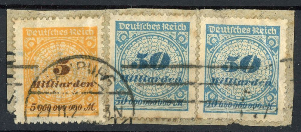 Germany 1923 SG.332 x 2 & 339 F/U on piece