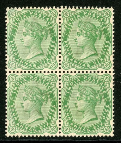 India 1886 SG.97 M/M block of 4. Tiny thin on one stamp