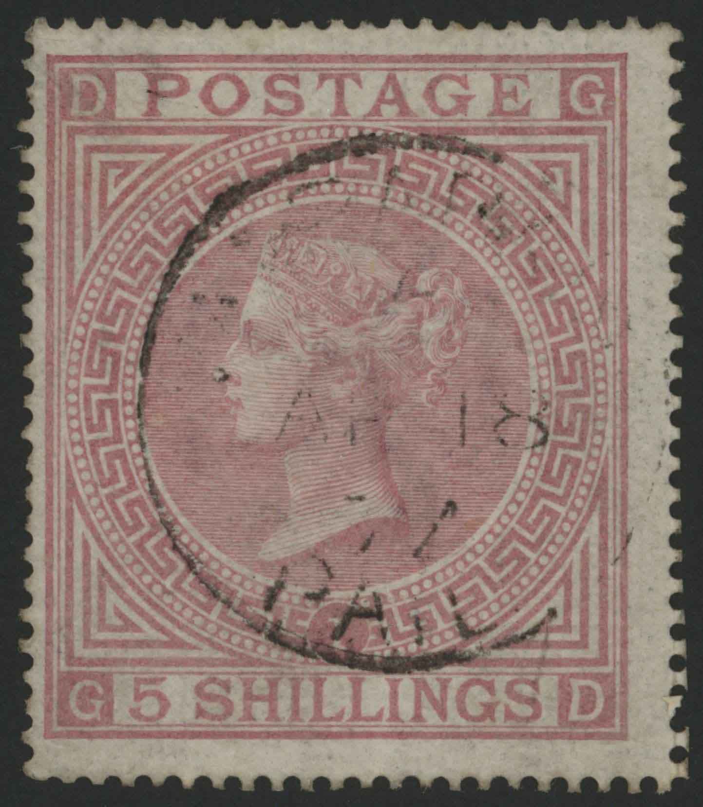 SG127 1867-83 5s pale Rose, Pl.1 GD, F/U with cds leaving profile virtually clear.