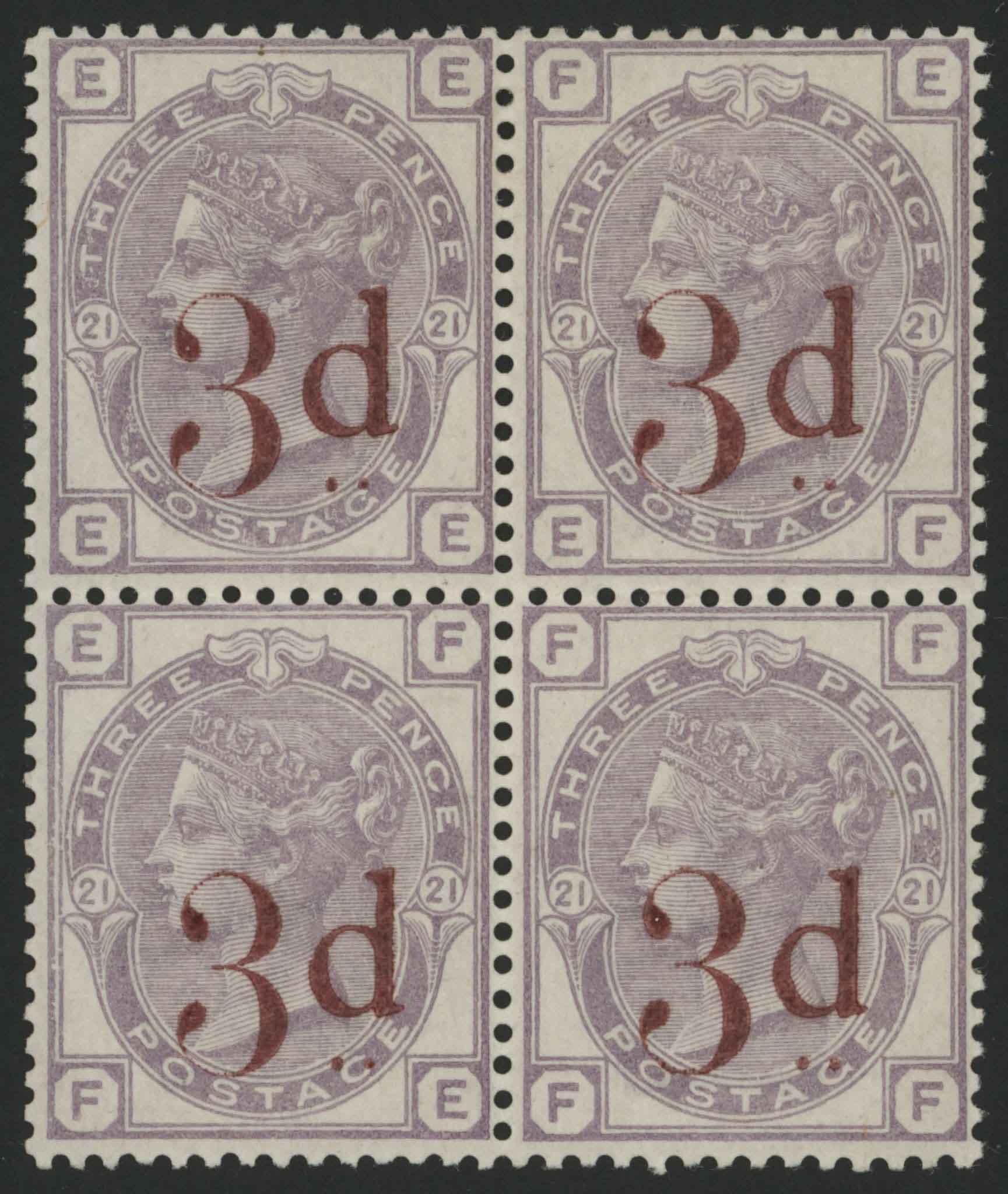 SG162 6d on 6d Lilac a fine block of 4, mint with identifying dealers mark on bottom pair, Cat 3000