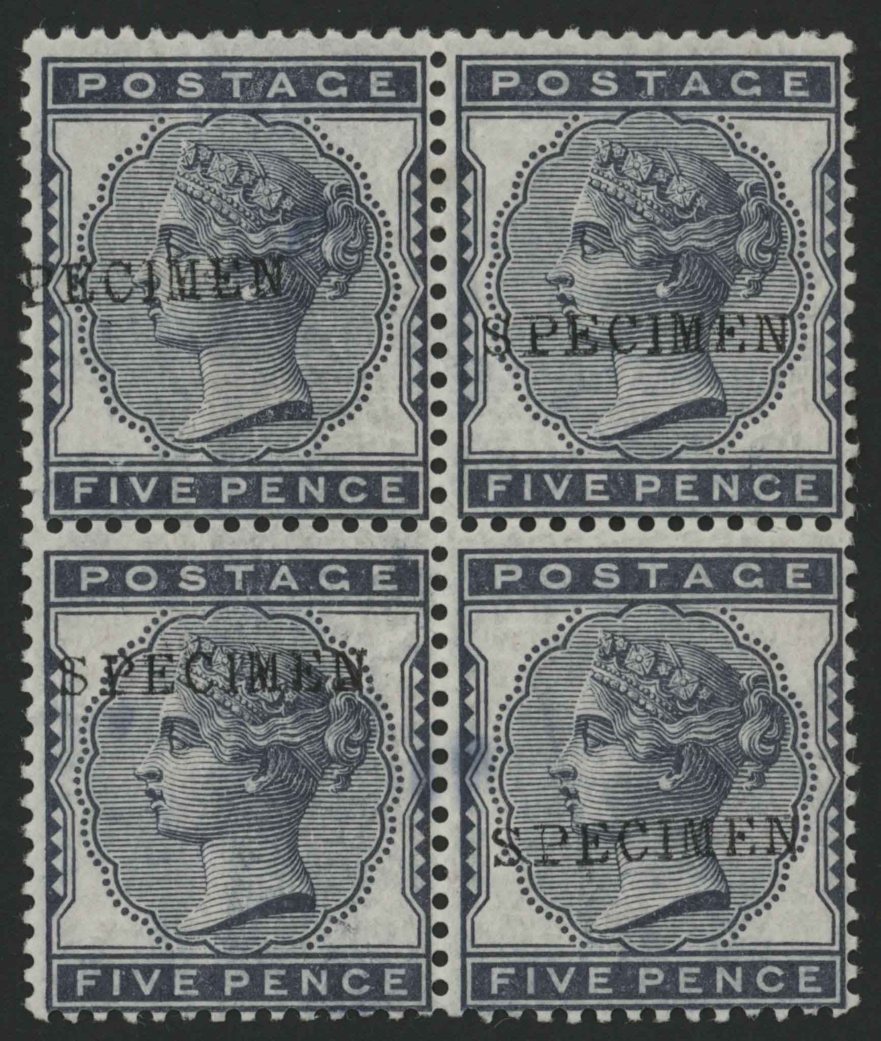 SG169s 1880-81 5d indigo block of 4 opt SPECIMEN, lower pair U/M.