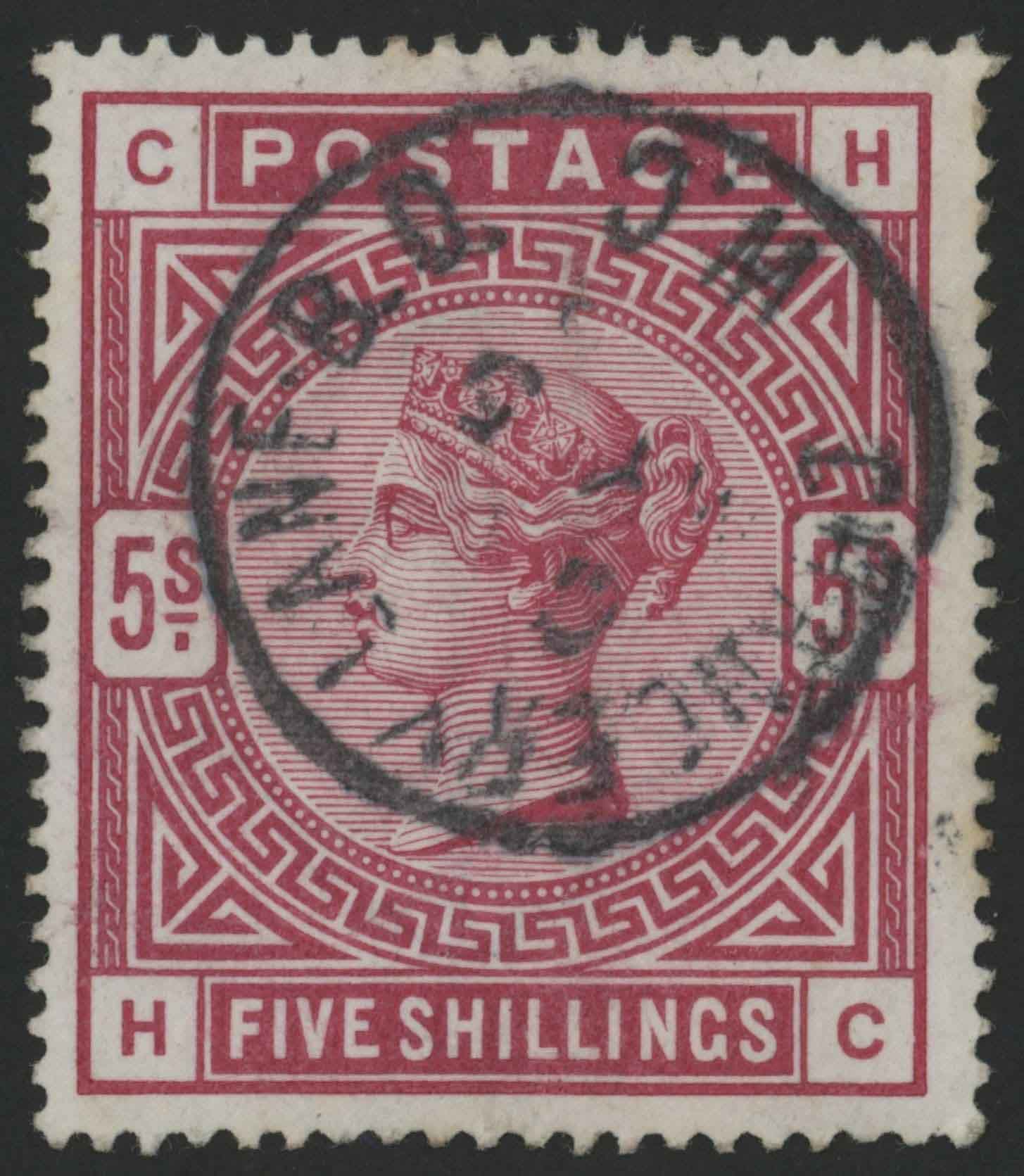 SG181 1883-84 5s Crimson, HC, VF/U with CHANCERY LANE cds.