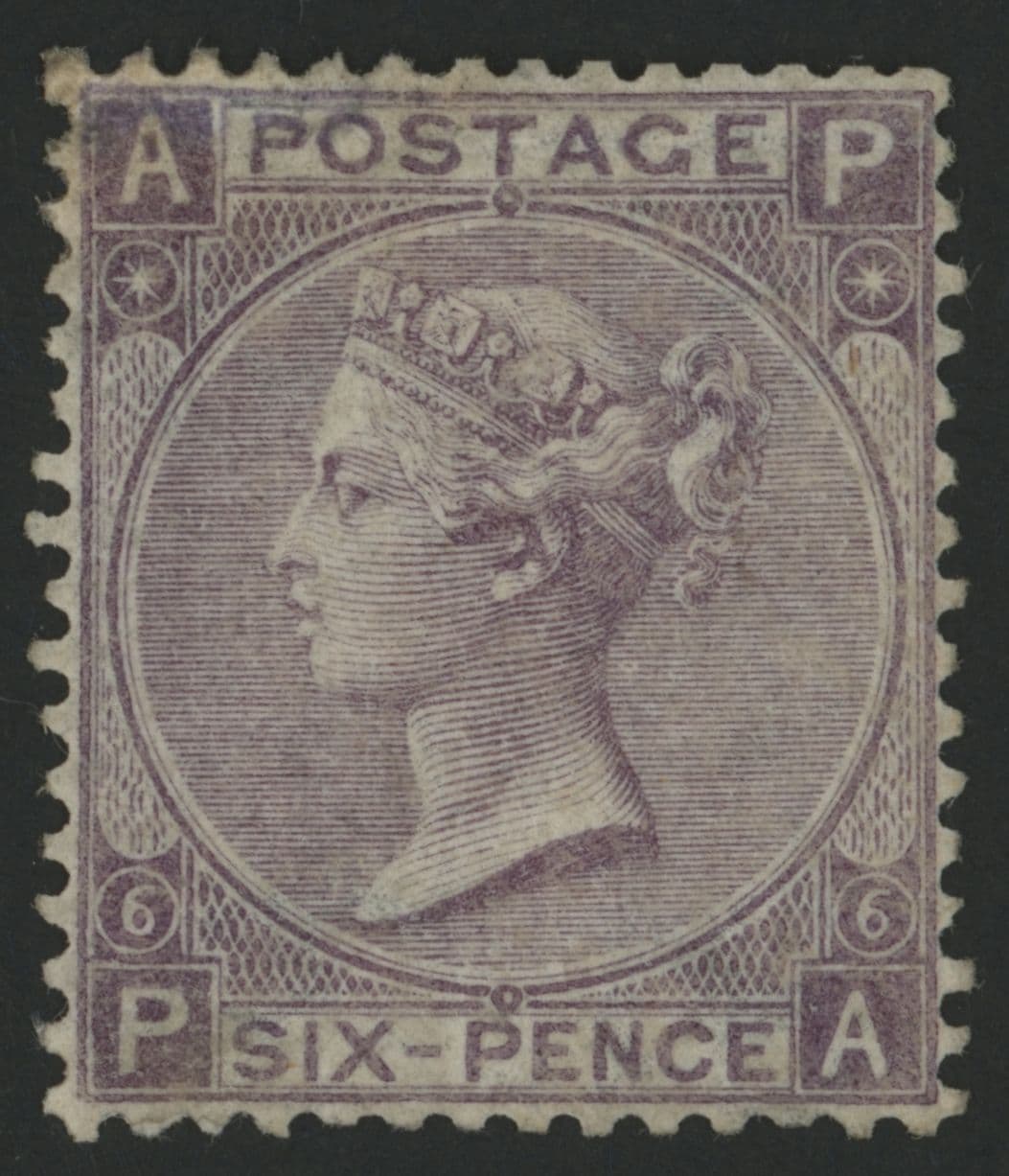 SG97 1865-73 6d Lilac plate 6, PA, mounted mint.