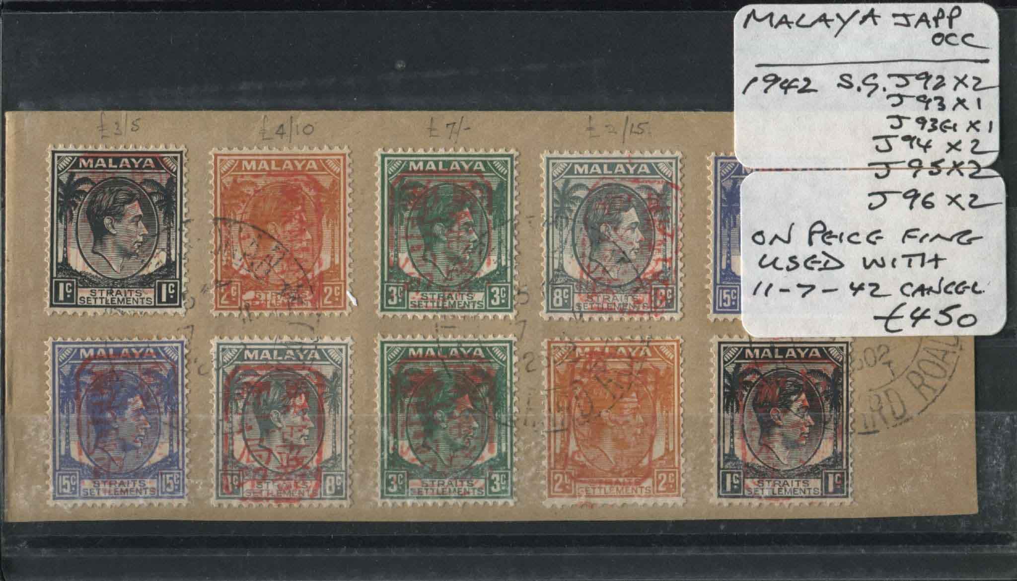 Malaya Japan Occ. 1942 Various Used on Piece Fine Used