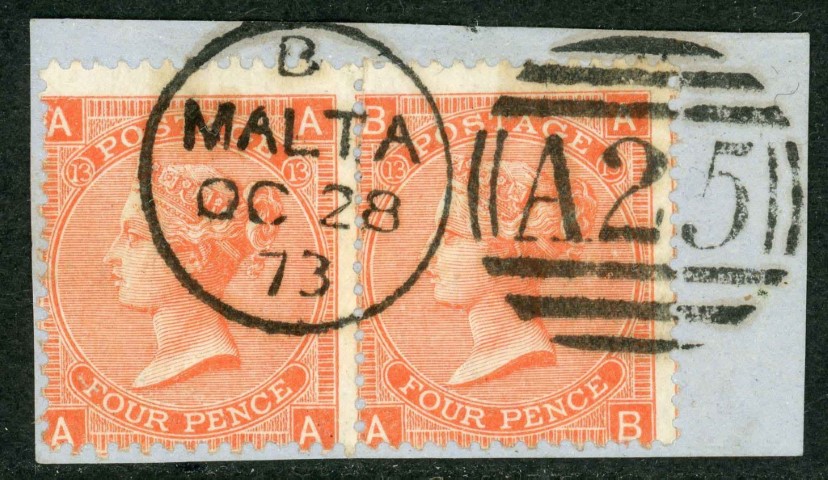 Malta 1873 SG.Z49 F/U pair on piece with ''MALTA A25'' duplex