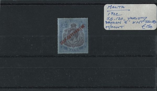 Malta 1922 SG.120 VAR Broken 'E' and 'NT' joined M/M