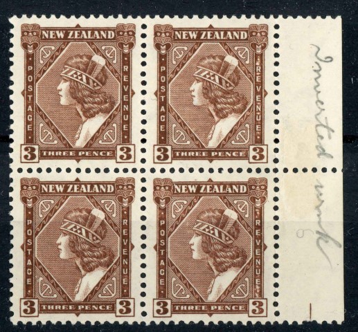 New Zealand 1936-42 SG.582w U/M block of 4. Inverted wmk