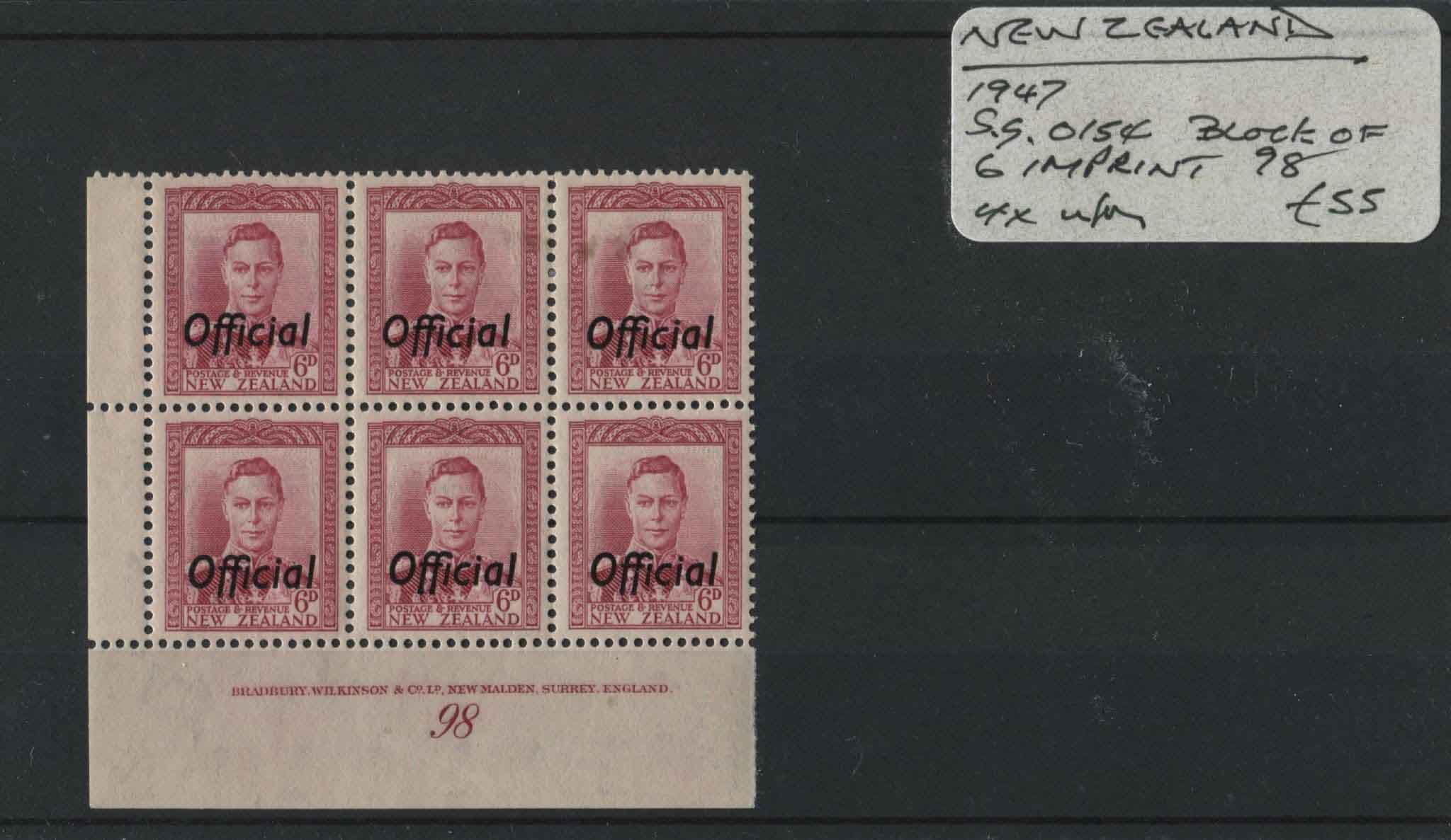 New Zealand 1947 SG.O154 Block of 6 Imprint 98 x4 U/M