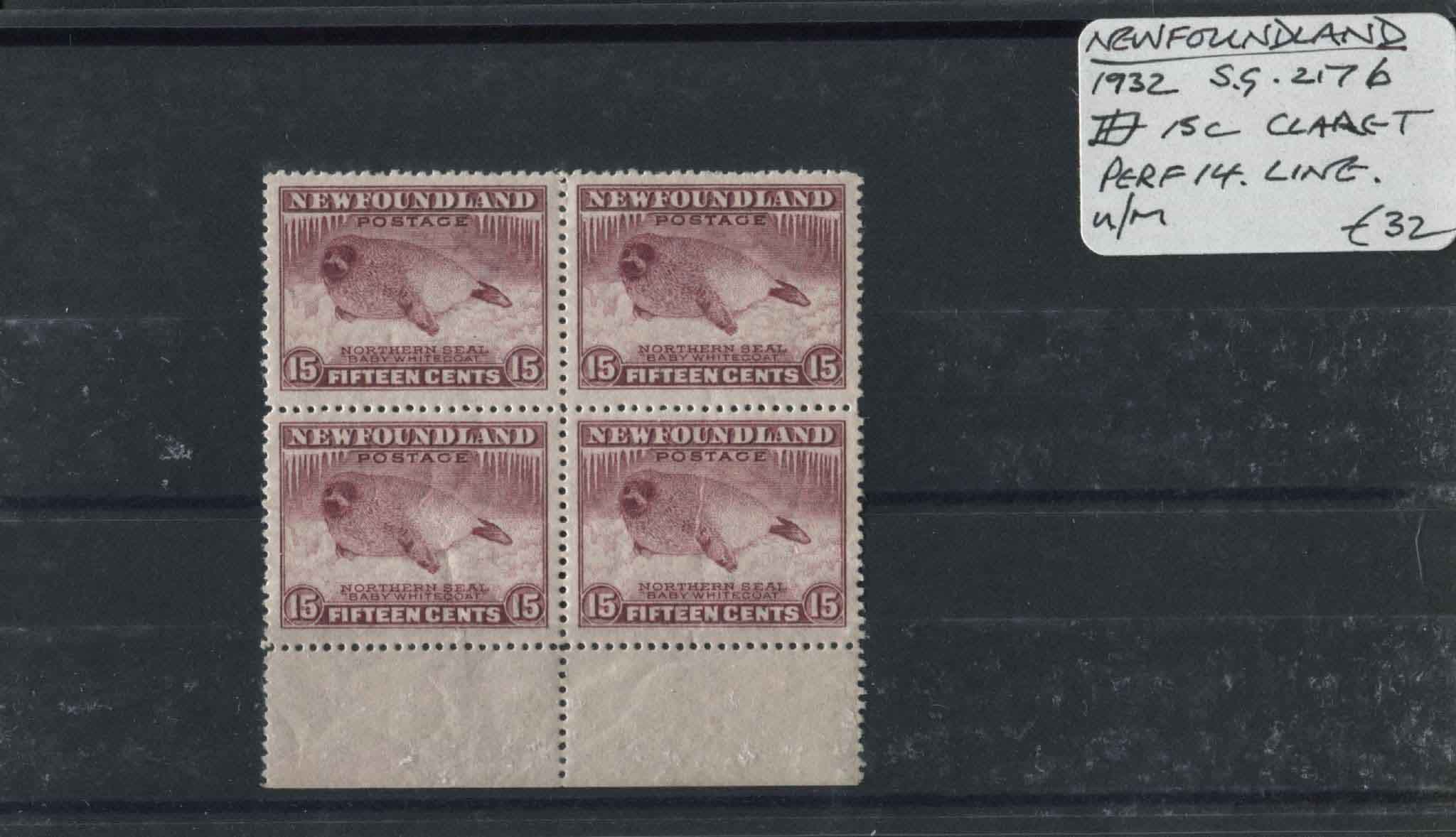 Newfoundland 1932 SG.217b Block, P.14 line U/M