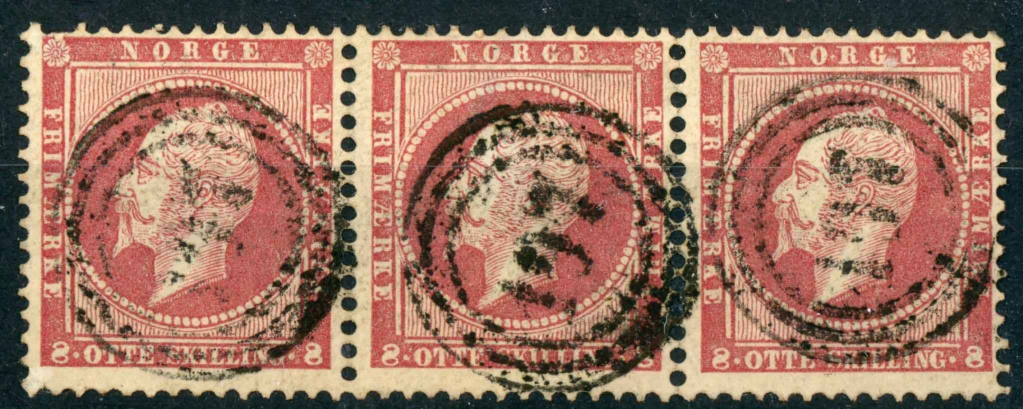 Norway 1856 SG.10 strip of 3 F/U Mandal Pmk