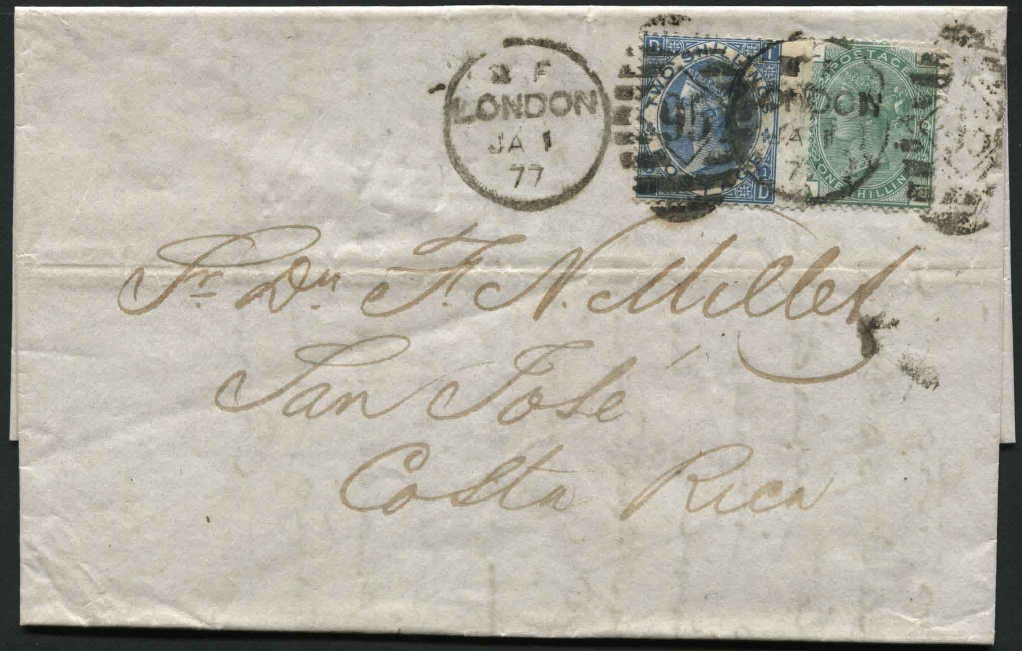 Postal History Jan 1st 1877 entire letter, 1/- plate 12 and Two Shilling plate 1 routed via San Jose