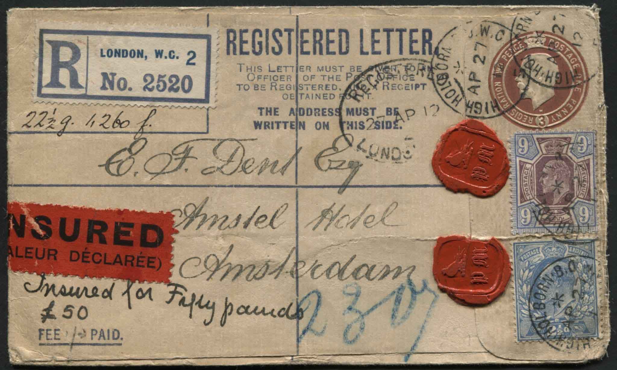 Registered letter London to Amsterdam franked 2d SG283/307a 9d with Insured 50 label