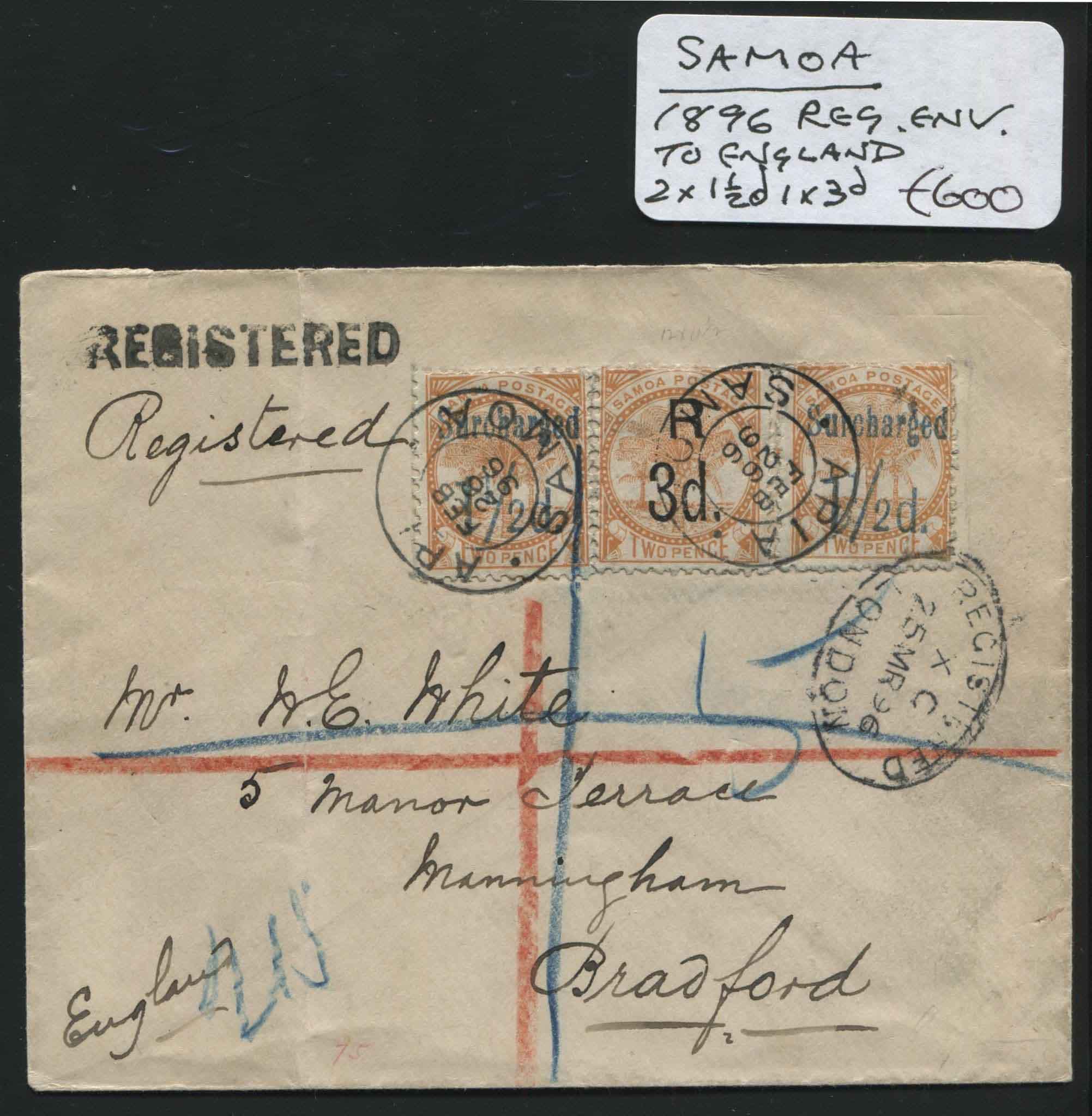 Samoa 1896 Reg. Envelope to England