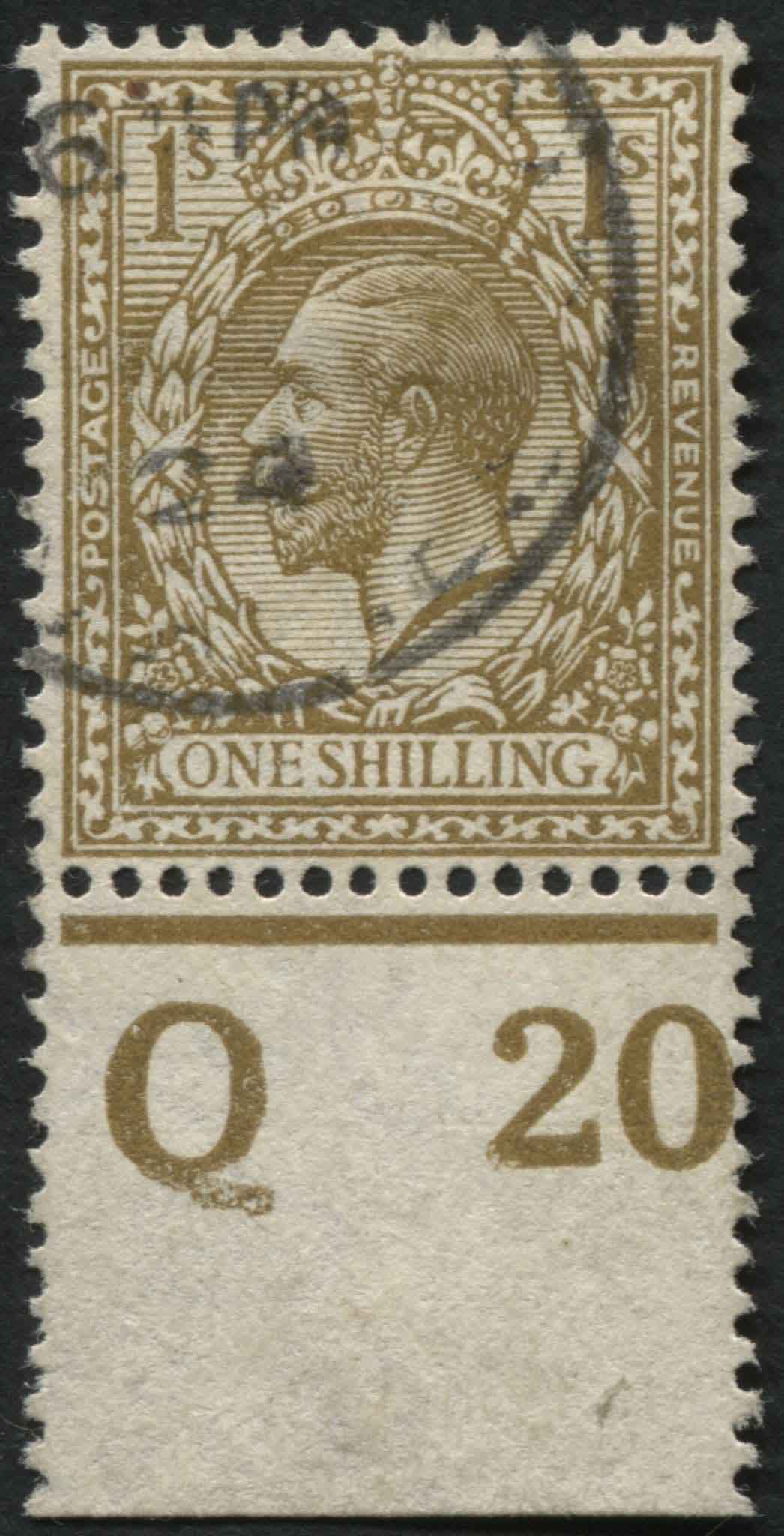 SG SpecN32(9)  1912 1/- Olive-Brown control Q20 (P) superb steel cds used of this scarce shade