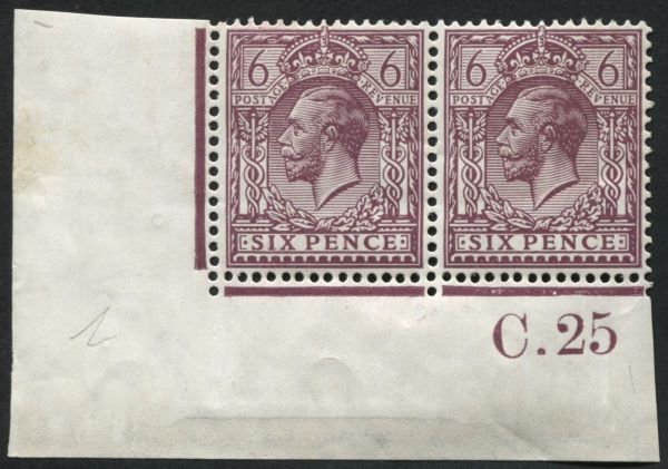 SG SpecN41(1) 1924-25 block cypher Somerset House chalky paper 6d Plum, an U/M control C.25 corner pair