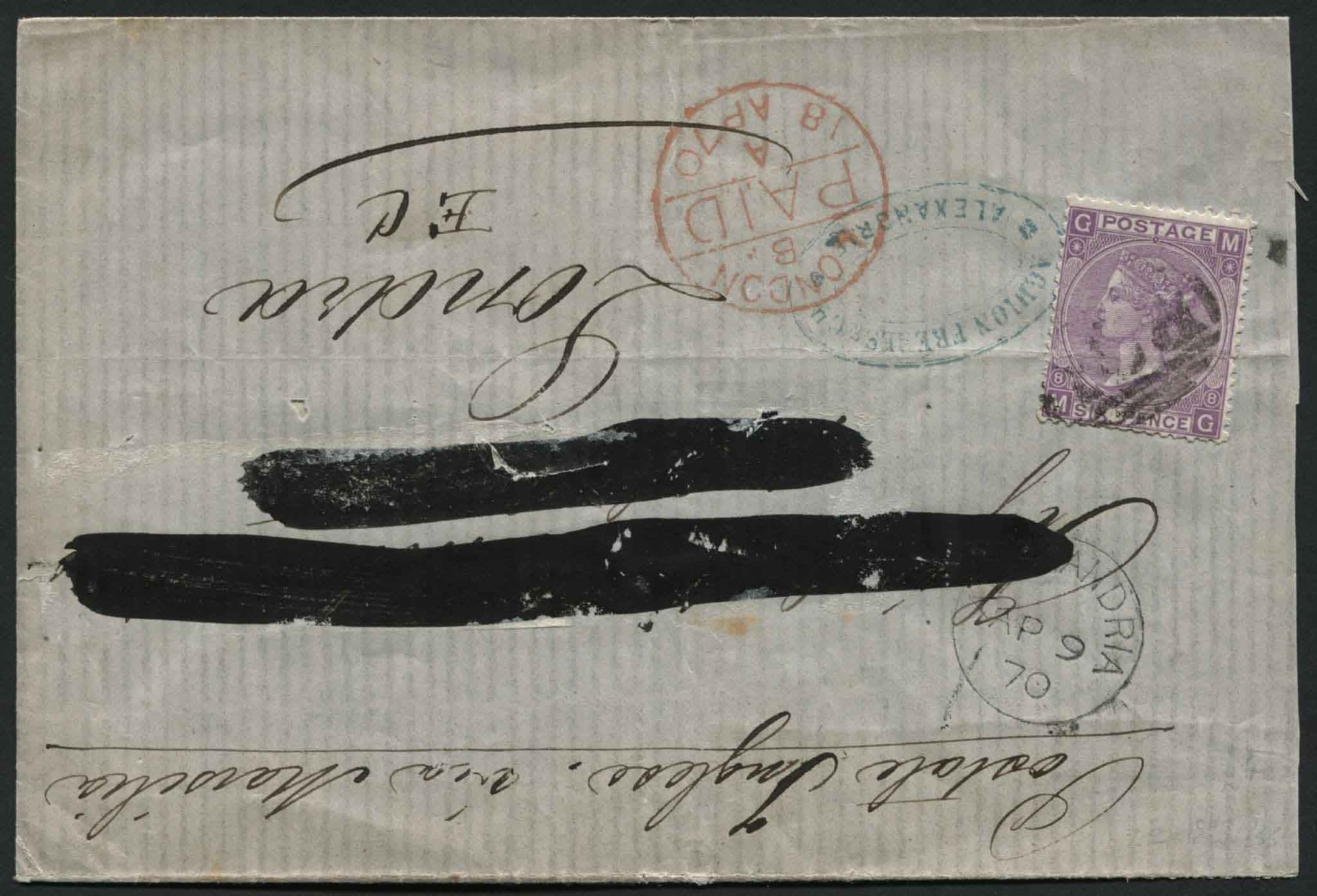 SG Z24 pl8 1870 (AP 9) E.L. from Alexandria to London franked with G.B. 1867-70 6d plate 8 MG