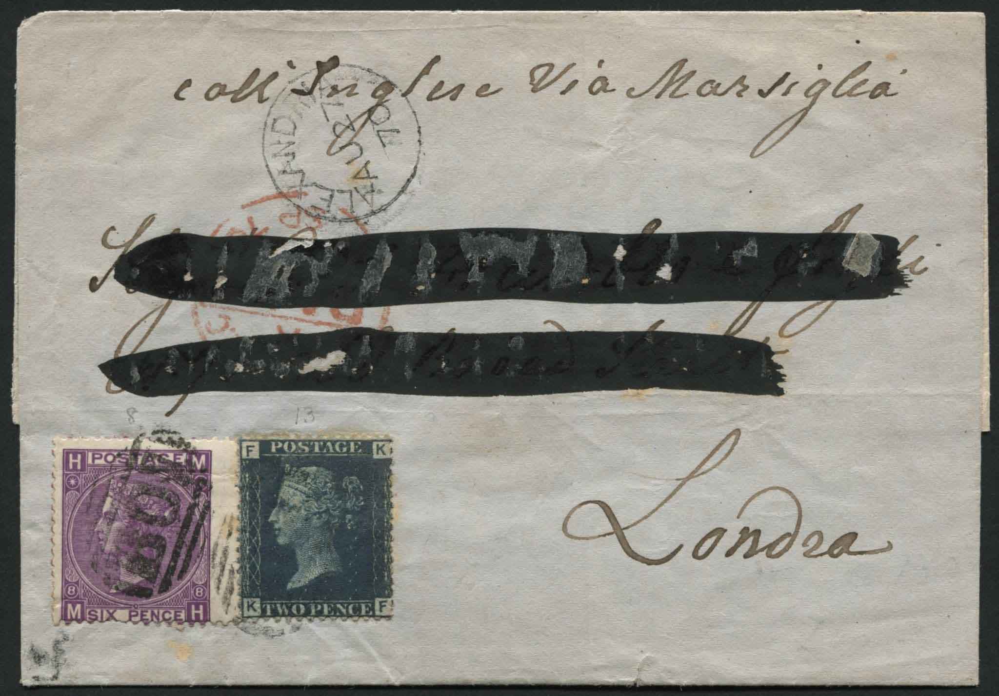 SG Z5 pl13, Z24 pl8 1870 (AU 27) E.L. from Alexandria to London, addresses name excised in ink