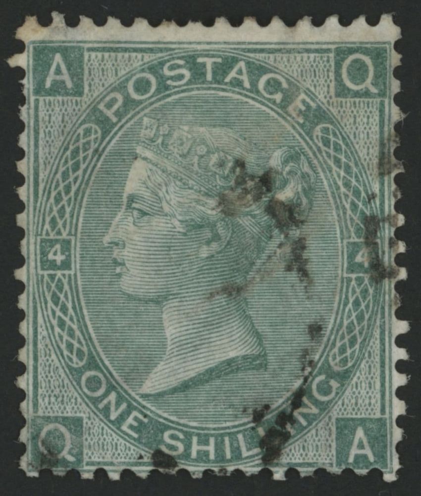 SG101 1865-67 1s Green plate 4, QA, VF/U with small part cancellation clear of profile.