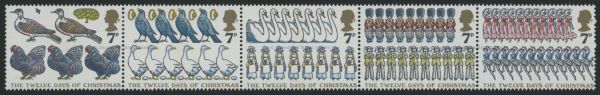 SG1044-1048 7p Strip of 5 1977 12 Days of Christmas