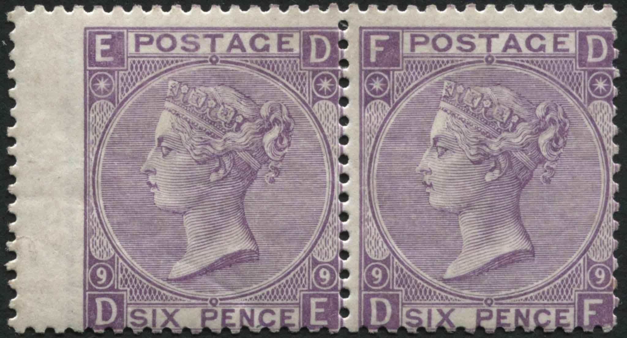 SG109 6d Mauve DE ring margin with DF  plate 9 pair, fresh mint