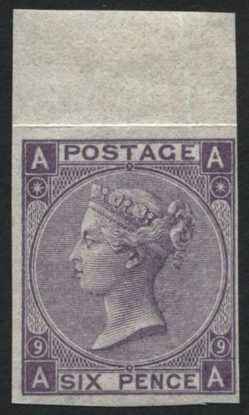 SG109 6d Mauve plate 9 imperforate marginal imprimatur, AA superb U/M