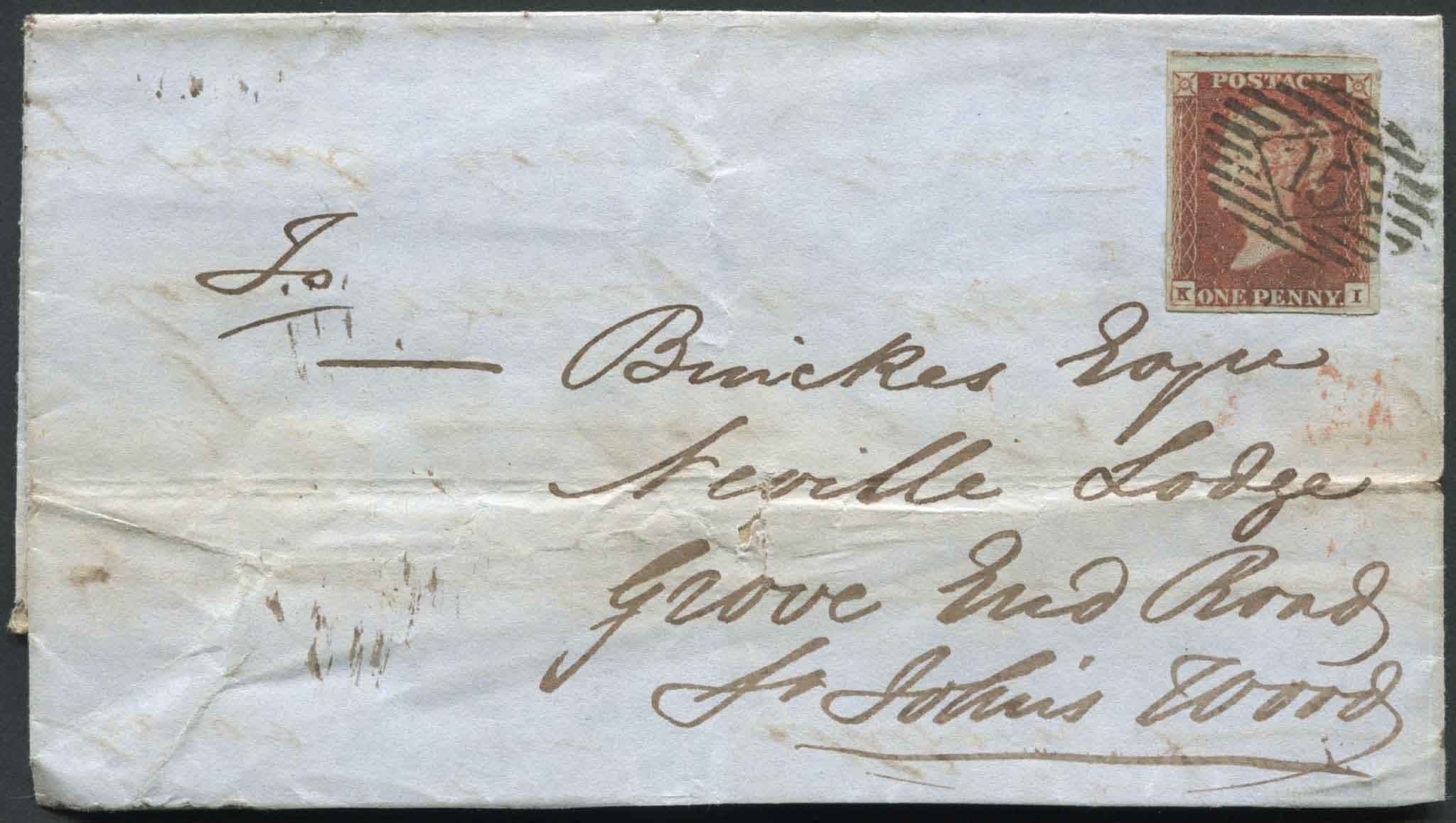 SG11 1d Lake Red KI with 4 good margins on cover, dated 1.8.1848 with fine London 15 numeral