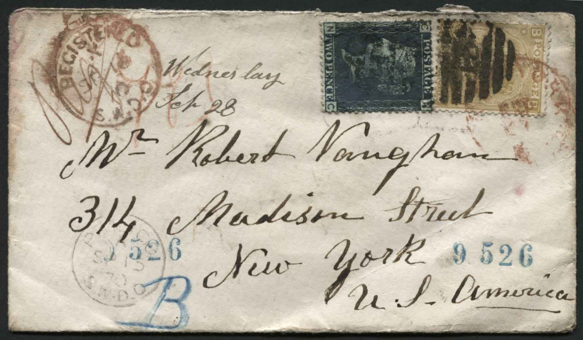 SG110 9d Straw uprated with 1870 2d Blue Pl.15, tied to envelope London - New York