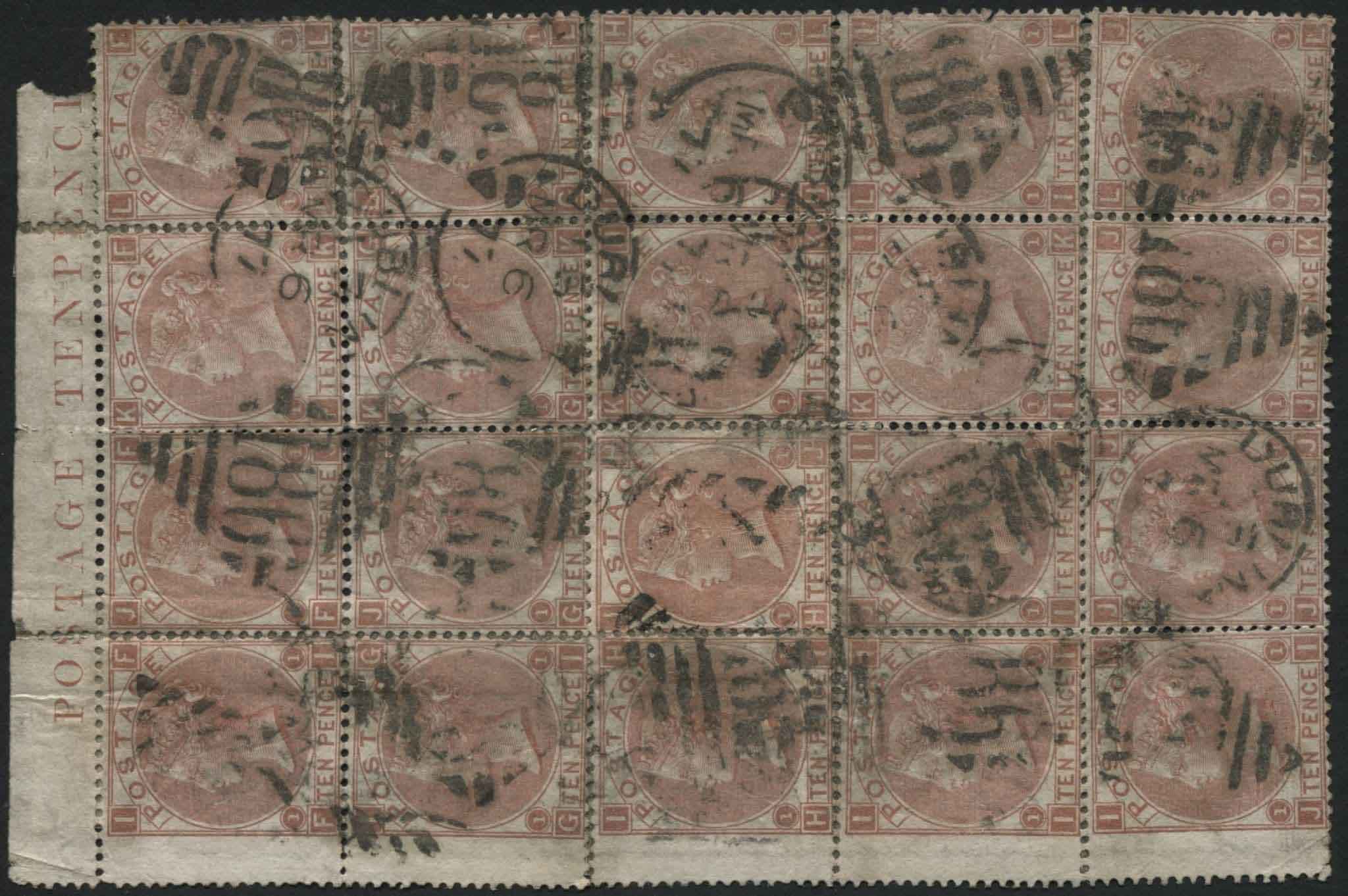 SG113 10d pale Red Brown Pl.1 FJ-JL, a reconstructed pane of 20, used Dublin 6.3.1873 generally F/U