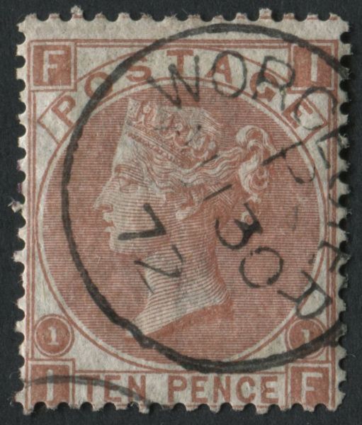 SG113 1867-80 10d pale Red-Brown IF, odd nibbled perf but F/U with WORCESTER cds