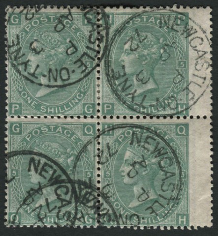 SG117 1867-80 1s Green plate 5 PG/QH block of 4, cancelled NEWCASTLE ON TYNE cds