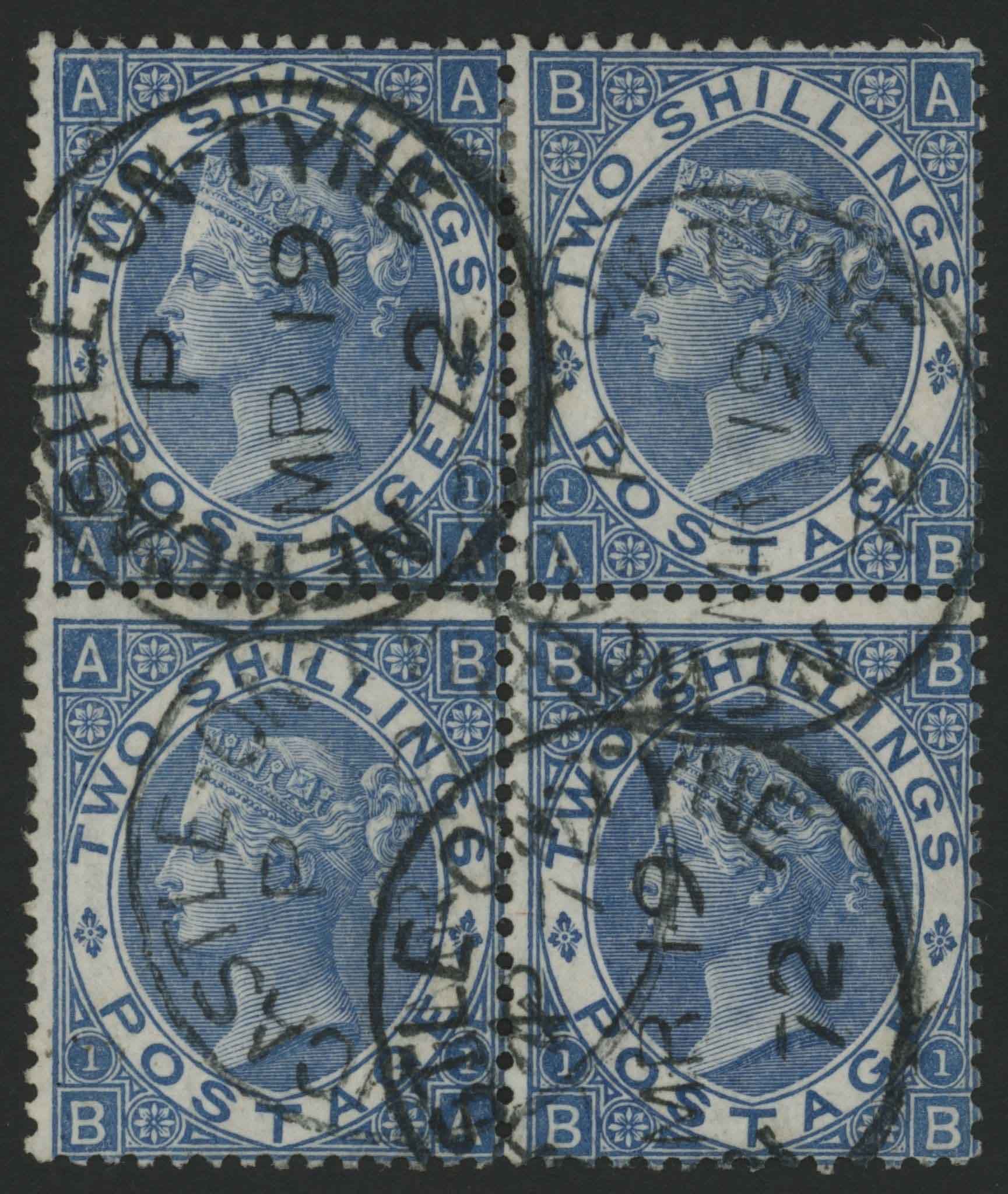 SG118 1867-80 2s Blue, AA/BB block, nibbled perfs but very fine with cds