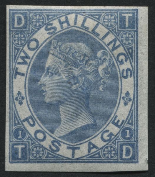 SG118 2/- dull Blue TD imprimatur from plate 1 first registration sheet, lightly inked April 1867