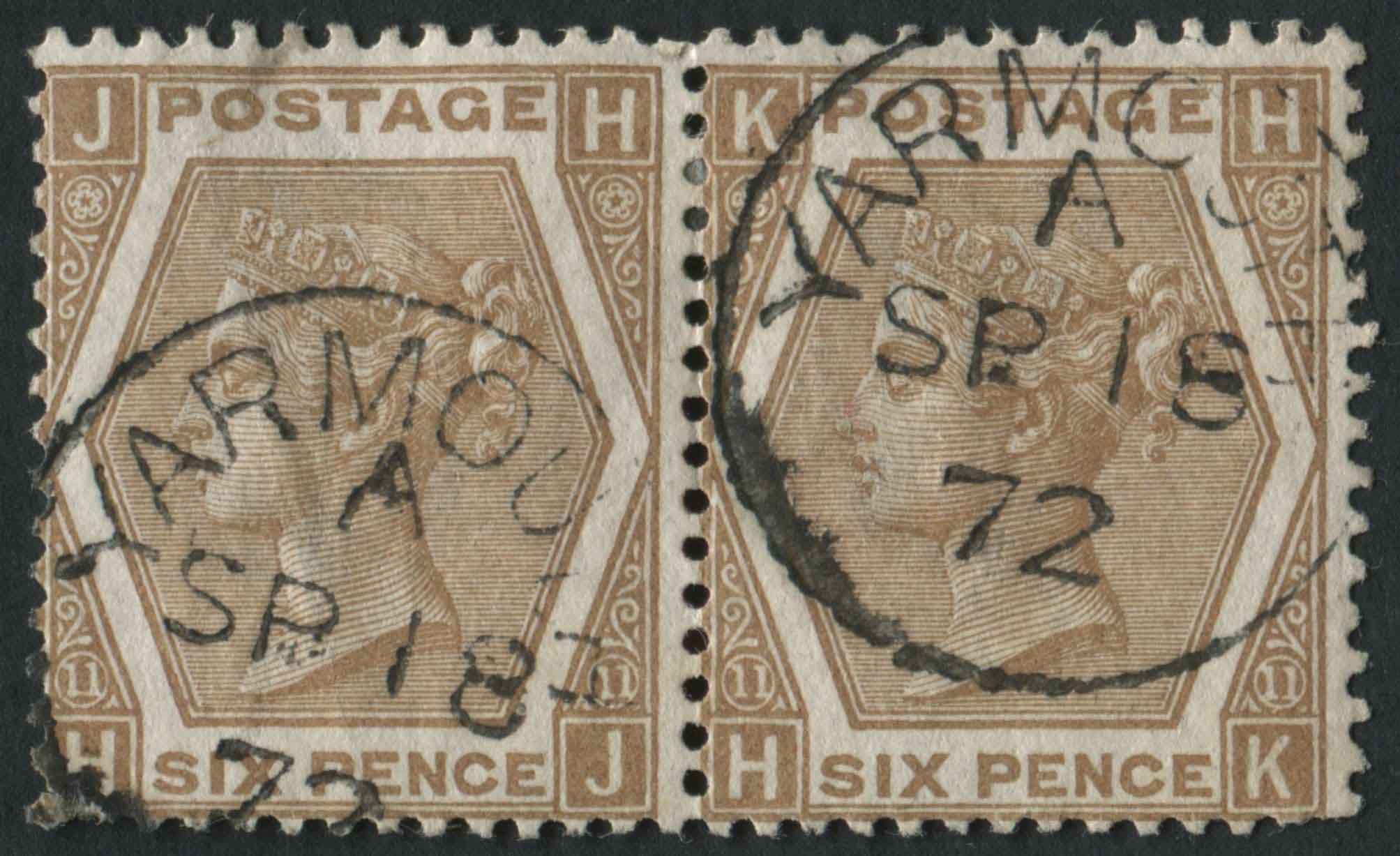 SG122a 1872-73 6d Chestnut HJ-HK pair, cancelled with YARMOUTH cds