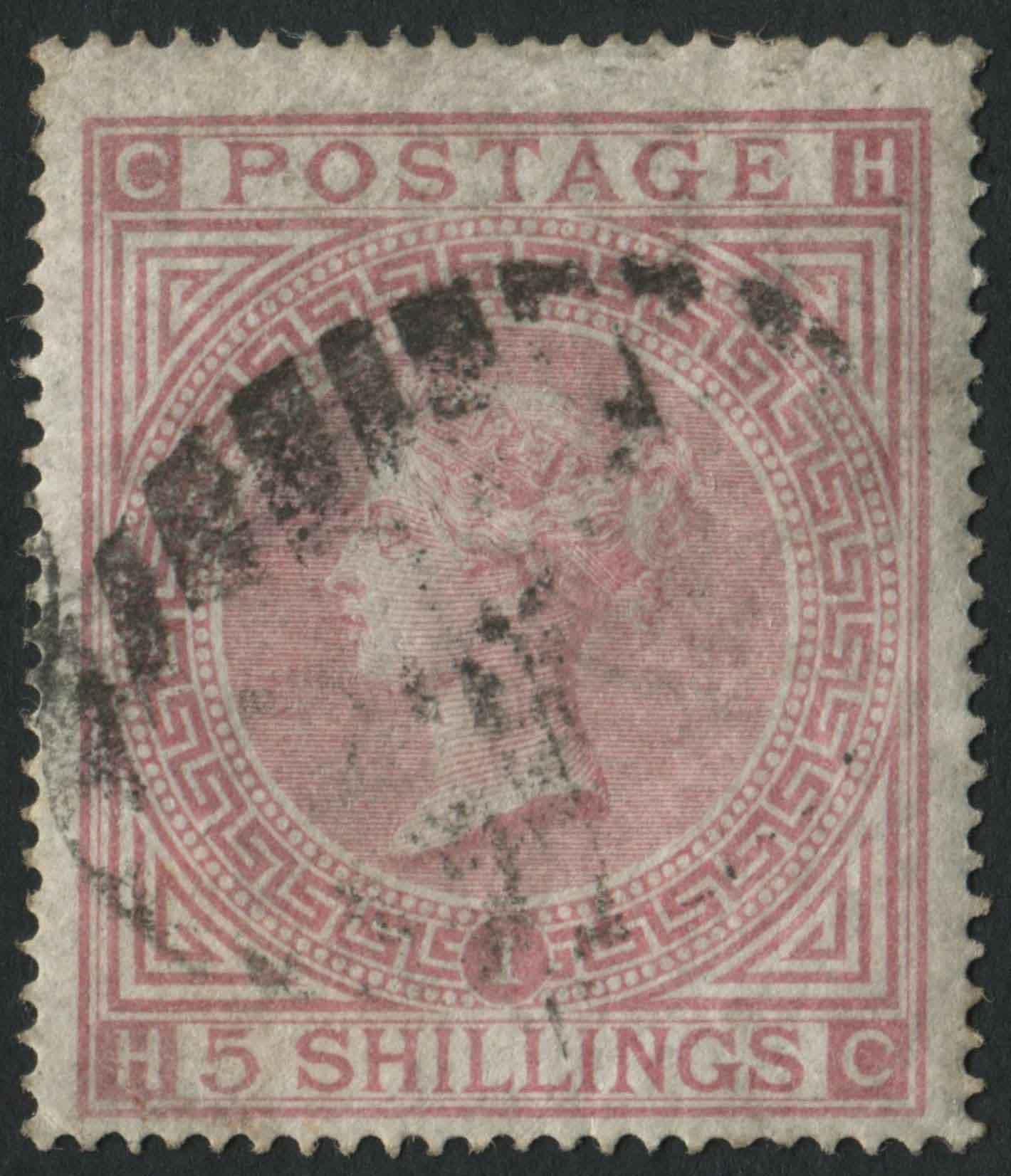 SG126 1867-83 5s rose, HC, cancelled with lightly struck barred oval.