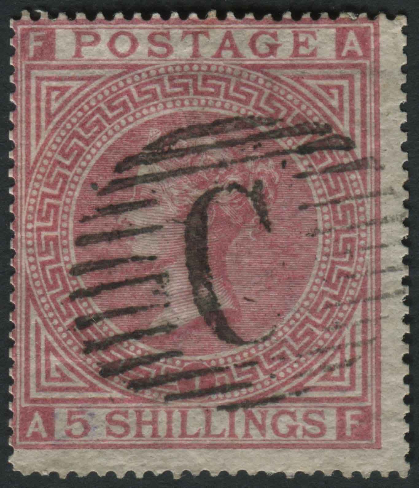 SG126 1867-83 5s Rose Pl1 AF, cancelled with large C in bars of Constantinople