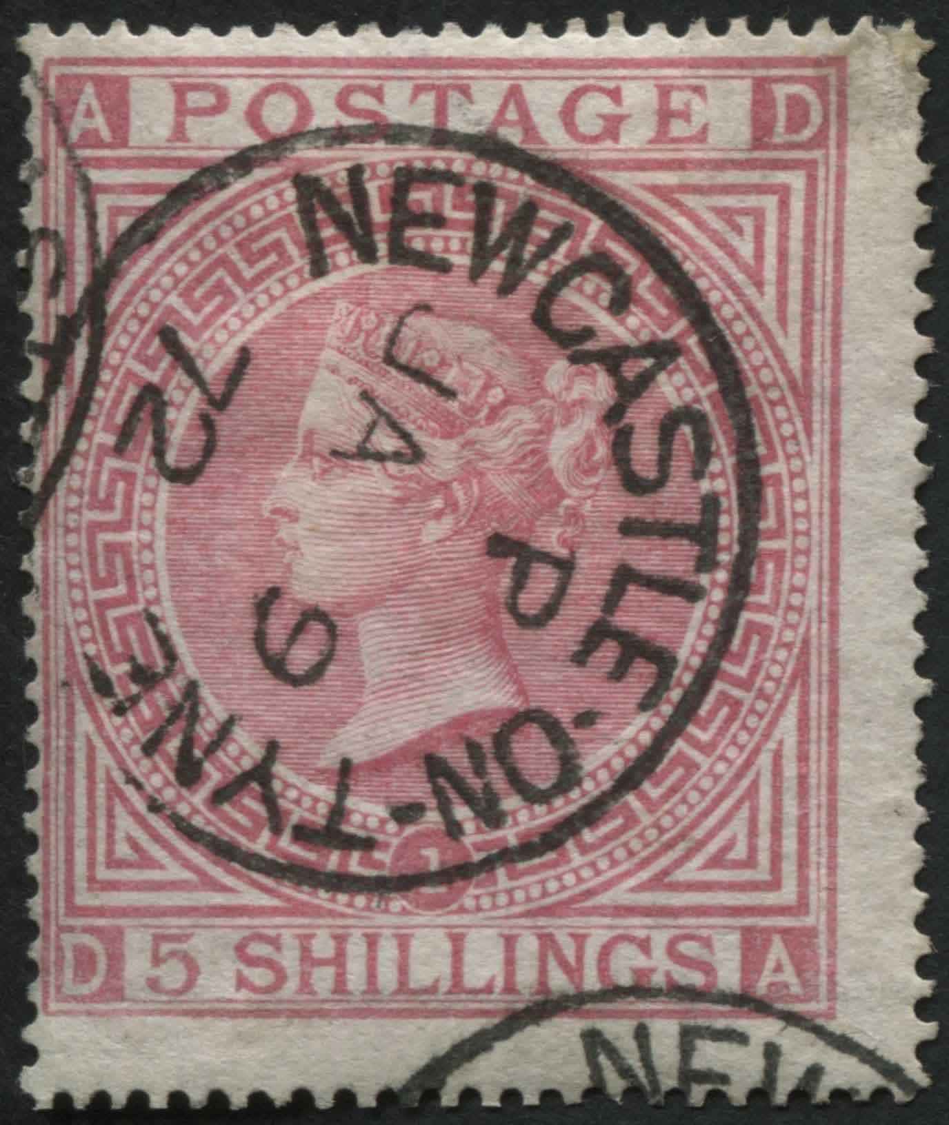 SG126 5/- Rose DA with very neat crisp Newcastle on Tyne cds, plate 1 1872