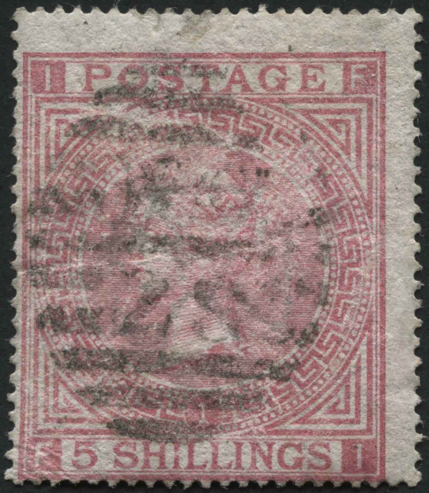 SG126 5/- Rose plate 1 centred to left, fine light cancel