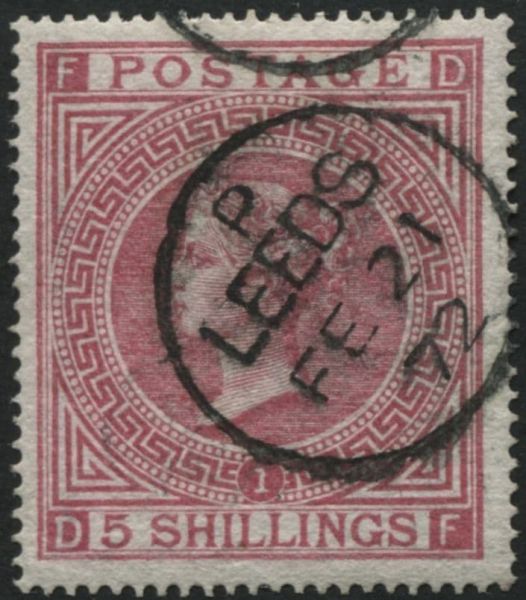 SG126 5/- Rose plate 1 DF, a superbly struck Leeds 1872 cds, exceptional centering SG Cat 600+