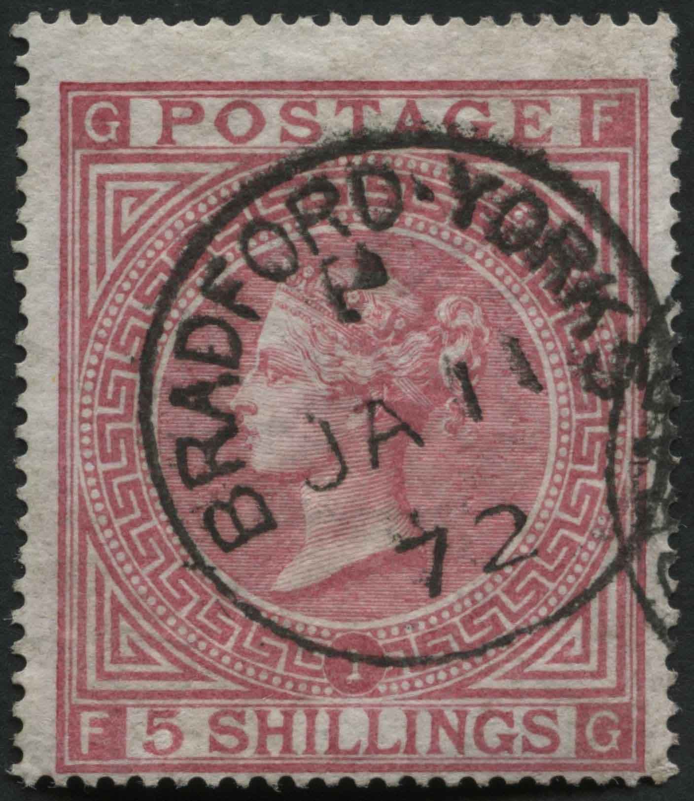 SG126 5/- Rose plate 1 with Bradford, Yorks 1872 cds