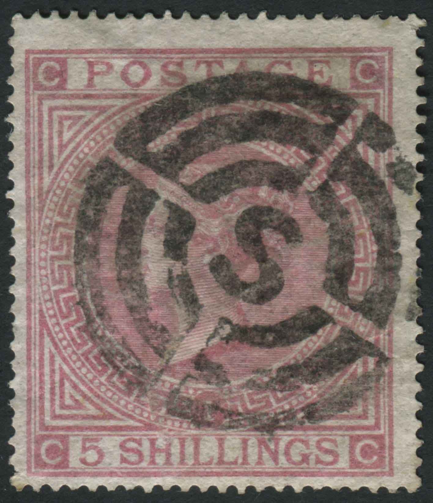 SG126 Pl1 1867-83 5s Rose Pl1 CC, central S target cancellation of Elder Dempster